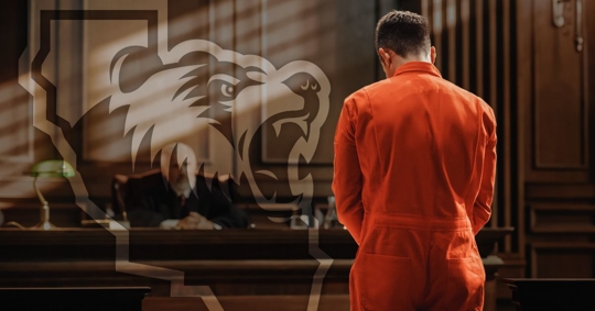 Man in orange jumpsuit in court